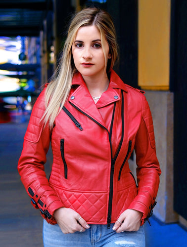 Women's Quilted Red Biker Motorcycle Leather Jacket