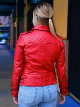 Load image into Gallery viewer, Women&#39;s Quilted Red Biker Motorcycle Leather Jacket
