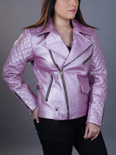 Load image into Gallery viewer, Women&#39;s Moto Genuine Leather Pink Metallic Biker Leather Jacket
