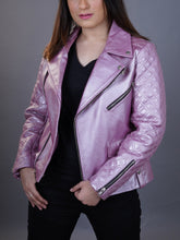 Load image into Gallery viewer, Women&#39;s Moto Genuine Leather Pink Metallic Biker Leather Jacket
