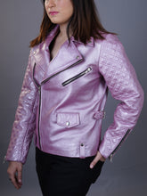 Load image into Gallery viewer, Women&#39;s Moto Genuine Leather Pink Metallic Biker Leather Jacket
