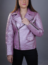 Load image into Gallery viewer, Women&#39;s Moto Genuine Leather Pink Metallic Biker Leather Jacket
