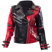 Load image into Gallery viewer, Harley Quinn Heartless Asylum Studded Biker Red and Black Costume Real Leather Jacket
