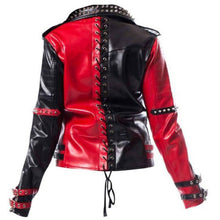 Load image into Gallery viewer, Harley Quinn Heartless Asylum Studded Biker Red and Black Costume Real Leather Jacket
