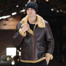 Load image into Gallery viewer, Mens B3 Shearling Leather Bomber Sheepskin Jacket Coat in Brown
