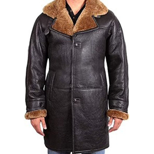 Mens Black Shearling Sheepskin Leather Warm Duffle Trench Coat