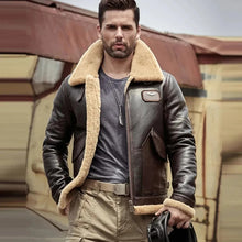 Load image into Gallery viewer, Mens Brown B3 Flight Sheepskin Shearling Leather Jacket Coat
