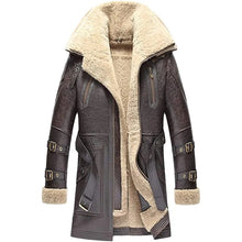 Load image into Gallery viewer, Mens Brown Classic Fashion Long Style Leather Shearling Sheepskin Coat Fur Collar
