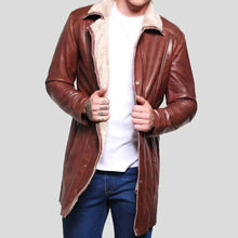 Load image into Gallery viewer, Mens Brown Mid Length Sheepskin Shearling Coat
