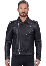 Load image into Gallery viewer, mens classic black leather biker jacket
