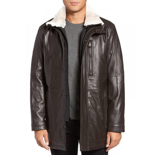Mens Dark Brown Stylish Real Sheepskin Leather Fur Coat
