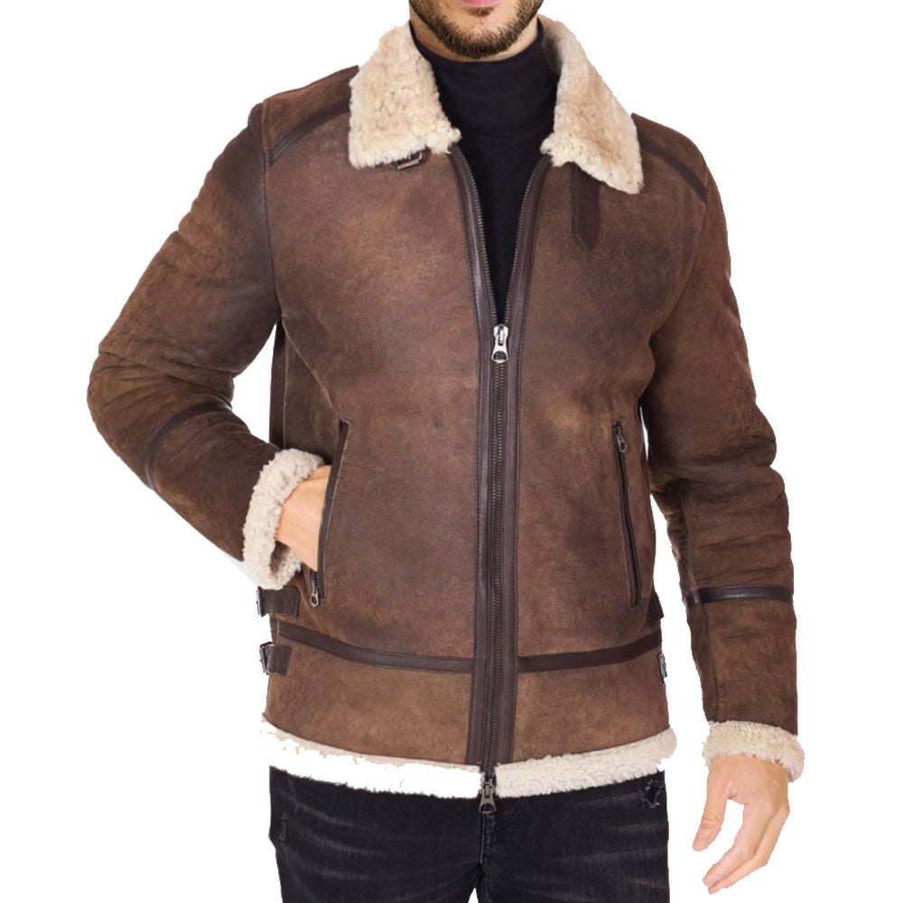 Rustic Brown Sheepskin Jacket with Faux Fur - Distressed Jacket