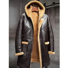Load image into Gallery viewer, Mens RAF Hooded Shearling Fur Sheepskin Leather Long Jacket Winter Coat
