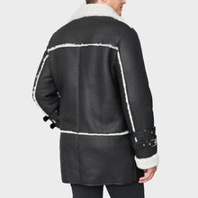 Load image into Gallery viewer, mens shearling sheepskin car coat in black back
