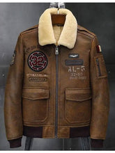 Load image into Gallery viewer, Men&#39;s B3 Flying Leather Shearling Bomber Jacket - Embroidered Design

