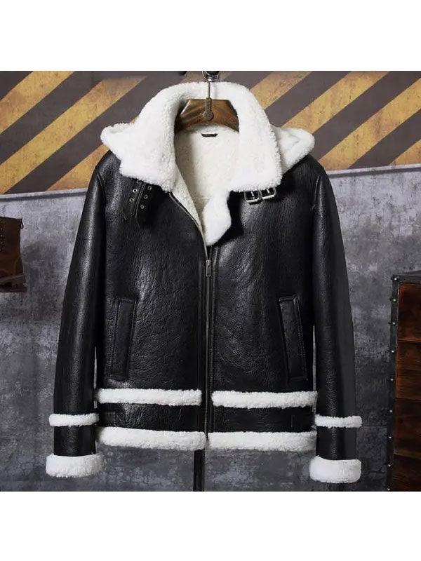 Men's Hooded Shearling Leather Bomber Jacket - Fur Coat