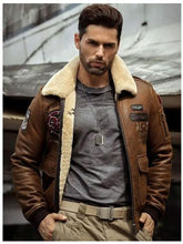 Load image into Gallery viewer, Men&#39;s B3 Flying Leather Shearling Bomber Jacket - Embroidered Design

