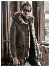 Load image into Gallery viewer, Men&#39;s Hooded Shearling Leather Bomber Jacket

