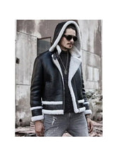 Load image into Gallery viewer, Men&#39;s Hooded Sheepskin Shearling Leather Jacket - Short Bomber Coat

