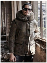 Load image into Gallery viewer, Men&#39;s Hooded Shearling Leather Bomber Jacket
