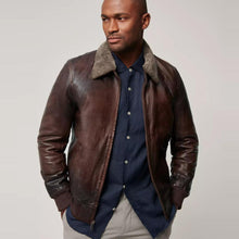 Load image into Gallery viewer, Mens Brown Waxed Sheepskin Aviator Leather Bomber Jacket
